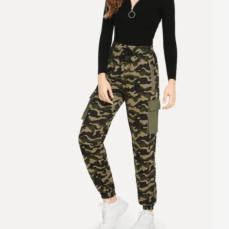 

S-XXL Fashion Women Military Camo Cargo Pants Army Green Camouflage Pockets Trousers Femme Jean Fitness Trousers Pantalon Mujer