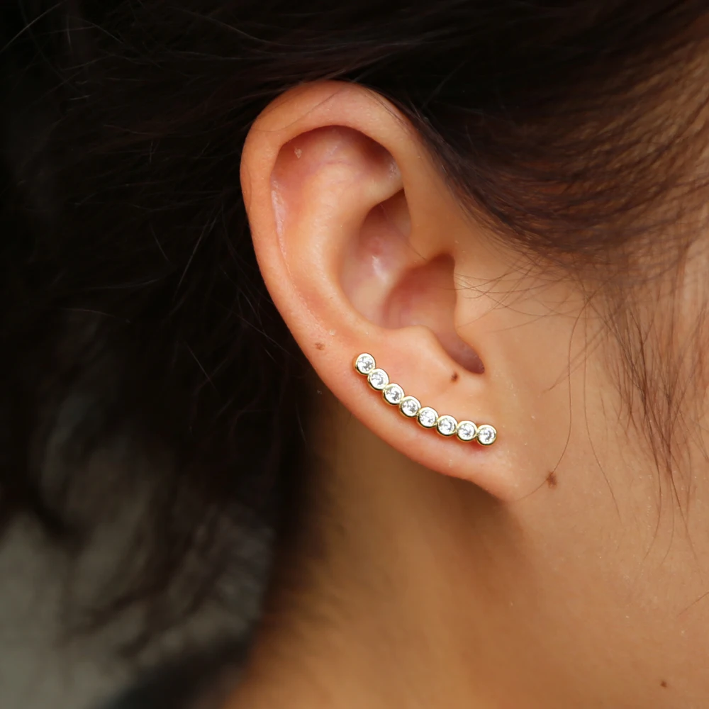 

AAA cz climber earring curved long bar studs classic simple multi piercing fashion ear jewelry for girls delicate gold color ear