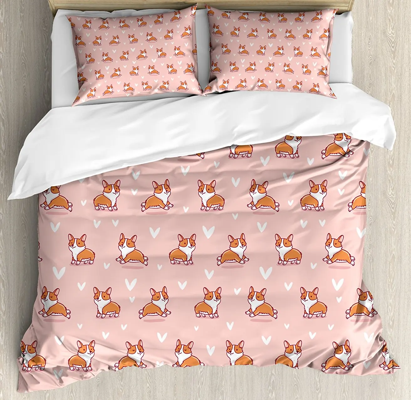 

Dog Lover Duvet Cover Set Cute Little Corgi Jumping Running and Standing Cartoon Hearts Background Decorative 4pcs Bedding Set