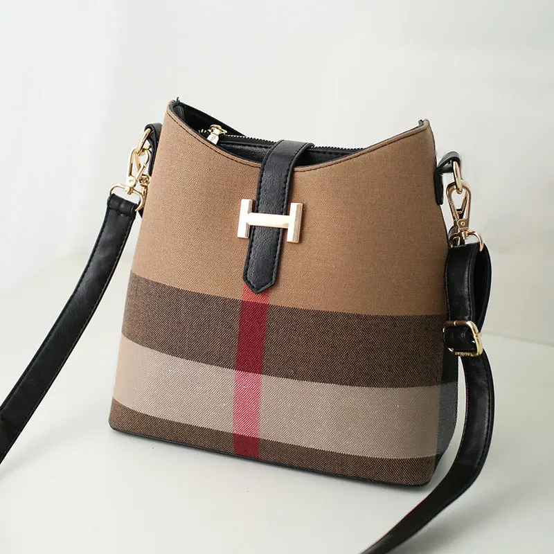 

Hot Sale Plaid Canvas Bags Designer Brand Handbags Vintage Check Women Shoulder Crossbody Bags Fashion H Buckle Bucket Bag 2020
