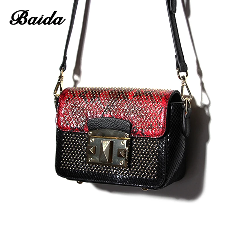 

women rivet genuine leather shoulder bags fashion women's bags Desinger Serpentine Satchel colorful Messenger