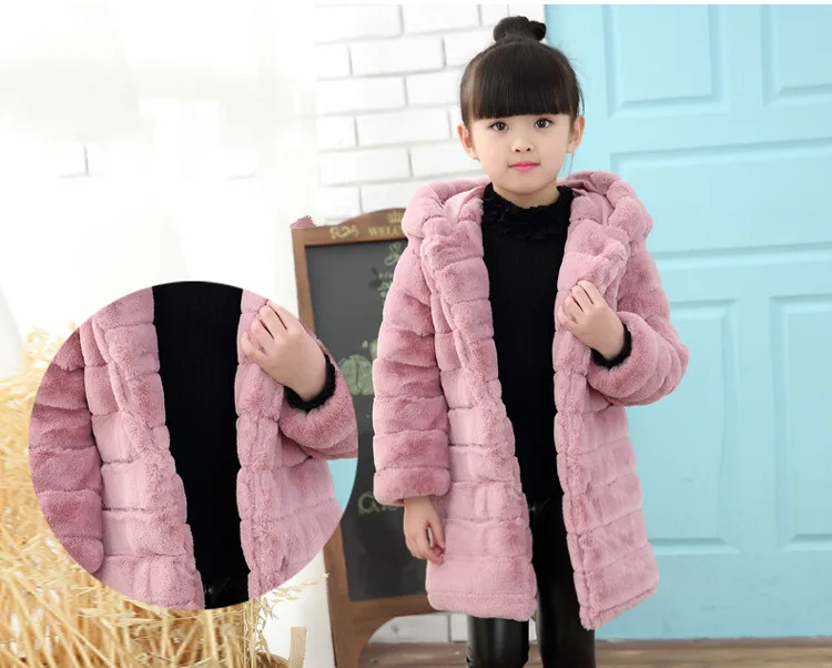 Детское пальто с искусственным мехом, утепленное длинное пальто с мехом для девочек, зимняя меховая куртка принцессы с кроличьим мехом