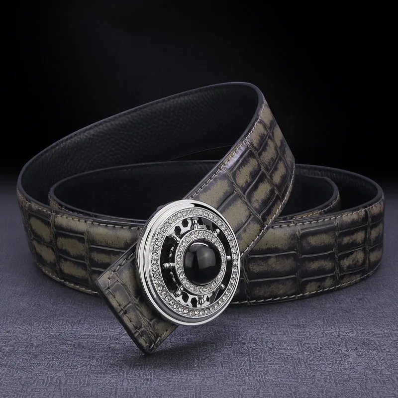 High quality designer belt men genuine leather luxury famous rotate round buckle Crocodile pattern Waist Strap Casual Waistband