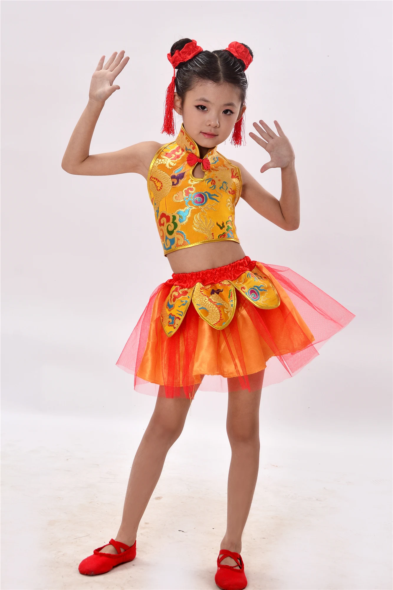 Китайский народный танцевальный костюм кунг-фу, танцевальный костюм для мальчиков и девочек, костюм янгко, традиционная танцевальная одежда для фанатов, Прямая поставка - Цвет: Цвет: желтый
