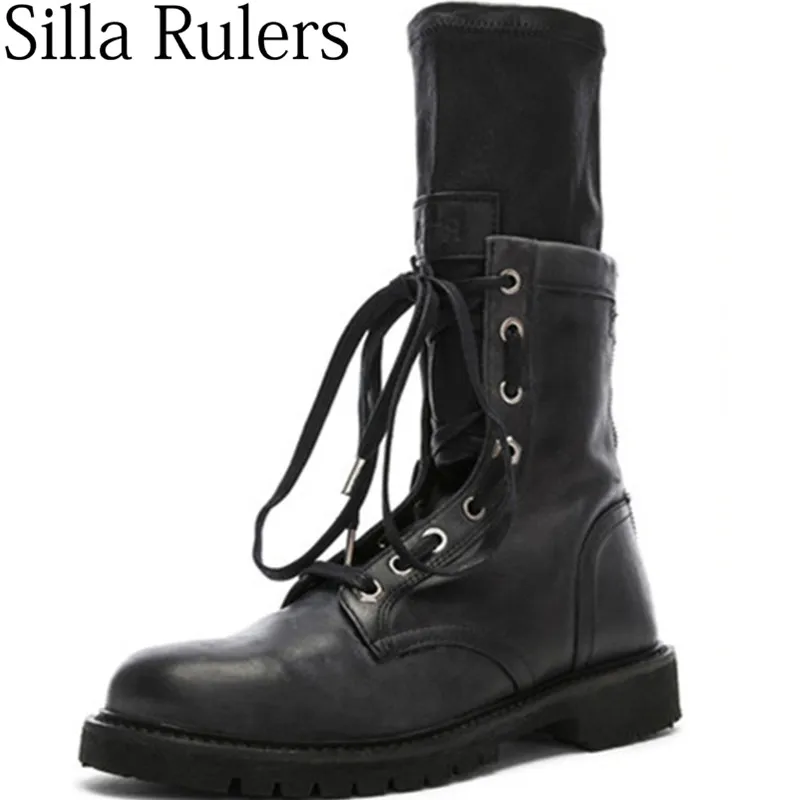 

2019 New Winter Motorcycle Boots Woman Square Heels Genuine Leather Lace Up Ankle Boots Woman Runway zapatos de mujer