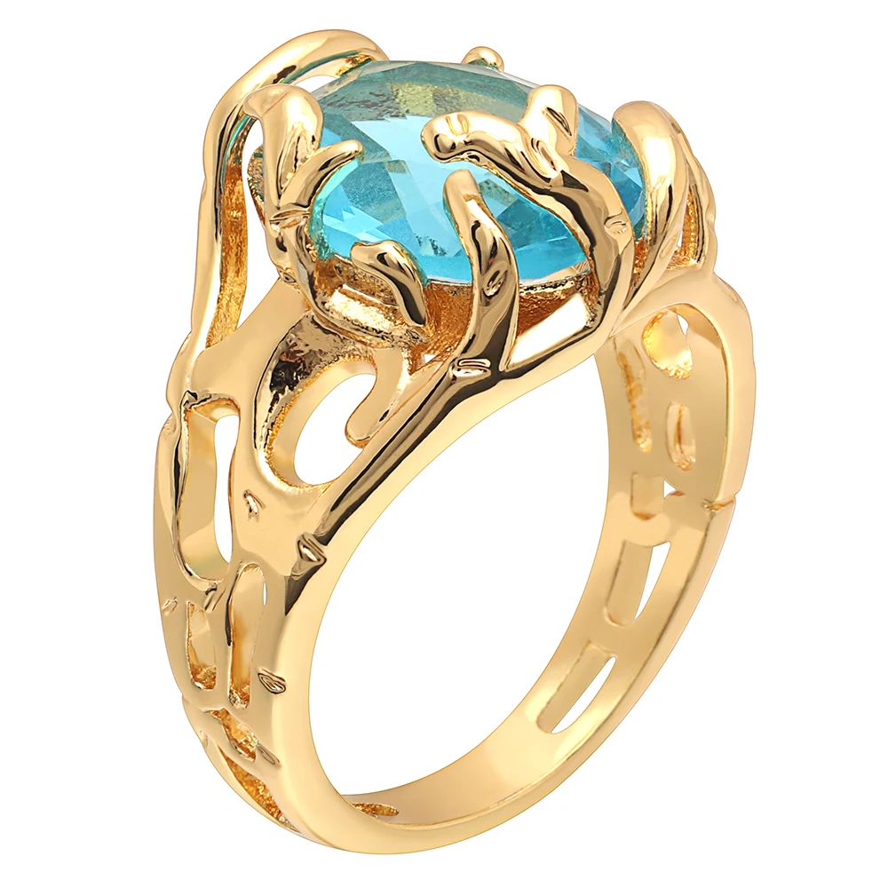 

Hainon New Gold Color Branch Leaves Sky Blue Crystal Ring Creative Unique Wedding Engagement Anniversary Rings for Women Jewelry