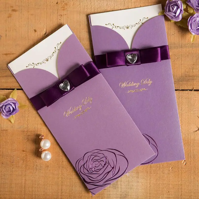 

50pcs/pack New Elegant Purple Red Crystal Ribbon Wedding Invitation Card Flowers Printed Invitations for Wedding Favors