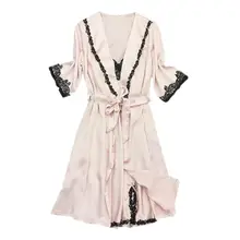 Женский летний сексуальный халат 2 шт./компл. короткий рукав выше колена пижамы слинг 4 цвета шелковый халат F1