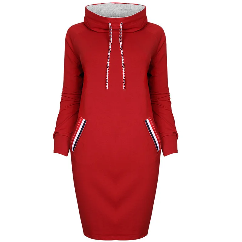Женское платье, одноцветное, Осеннее и зимнее, с карманами, повседневное,, с высоким воротом, в европейском стиле, женское платье, vestidos ONY0586 - Цвет: Красный