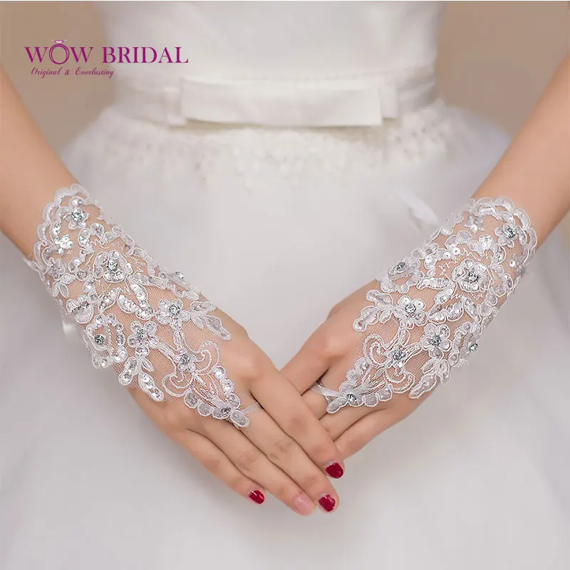 WOWBRIDAL перчатки без пальцев Длина белая аппликация из кружева свадебные перчатки для невесты luva de noiva