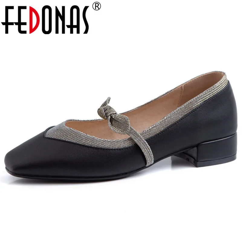 

FEDONAS New Vintage Elegant Square Toe Low Heels Basic Women Pumps 2019 Spring Autumn Genuine Leather Party Casual Shoes Woman