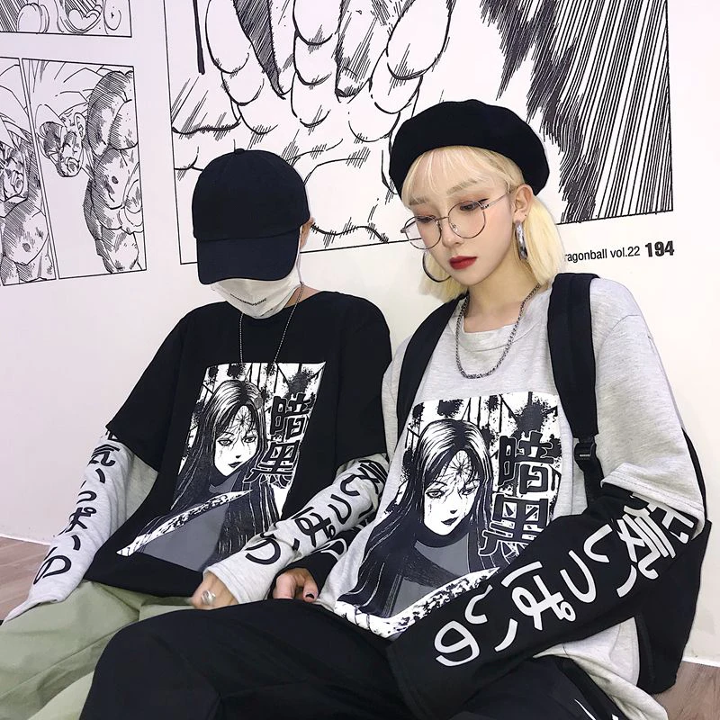 Японский Харадзюку аниме Kawaii футболка корейский Готический комикс мультфильм женские топы с длинными рукавами оверсайз поддельные две части пары одежда