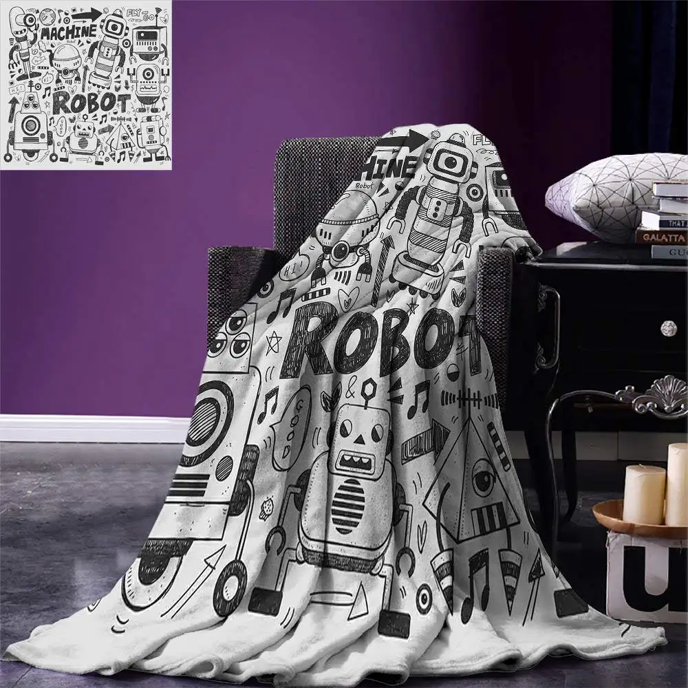 Robot Throw Blanket Futuristic Space Doodle Style Androids Sci Fi Pattern Fantasy Machine Art Print Warm Microfiber