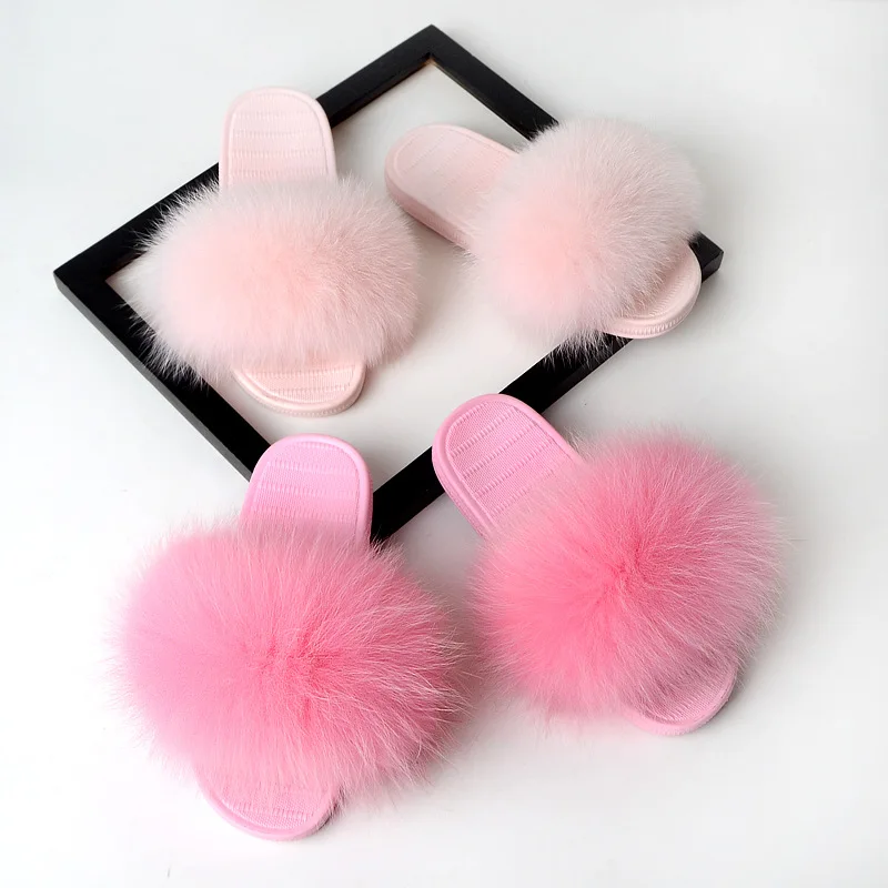 

Summer Women's Fur Slippers Real Fox Fur Woman Slides Home Non-Slip Furry Flat Sandals Female Cute Fluffy House Shoes Flip Flops