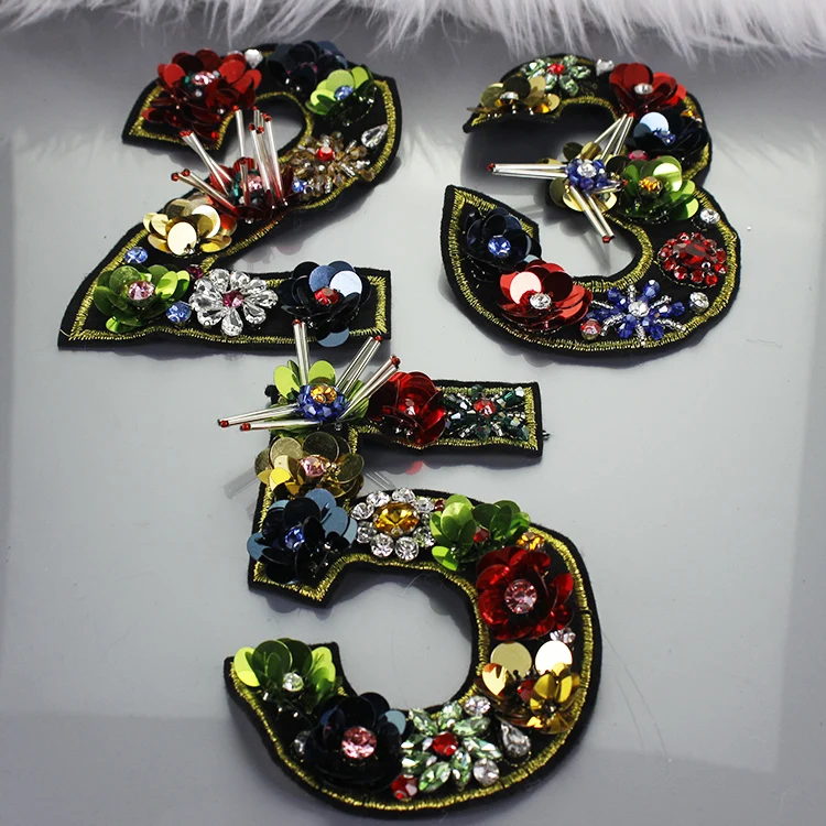 

Big Sequins Rhinestone beaded Flower Number Patches Sew On Crystal Patch for Clothing Beading Applique Clothing Patch B58