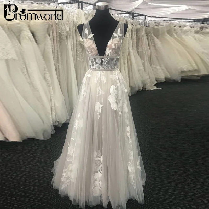 Promworld цвета слоновой кости Винтаж свадебное платье 2019 Vestido De Novia Casamento V-платье с кружевным декольте Вышивка Тюль свадебное платье