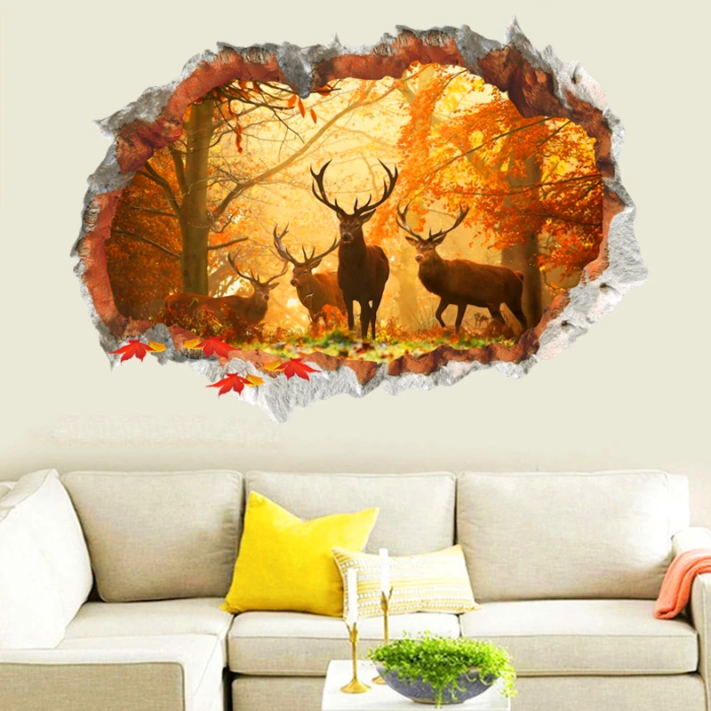 Лес Дикий олень клен через стены наклейки домашний Декор Гостиная 3d яркие
