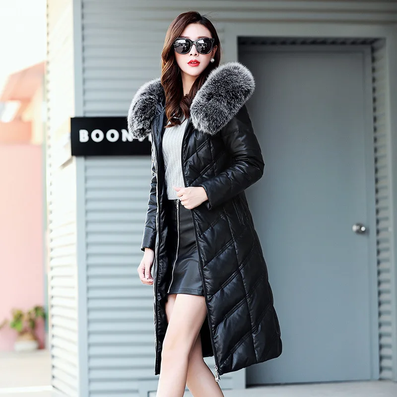 AYUNSUE зимняя куртка из натуральной кожи женская куртка-пуховик женский воротник из лисьего меха размера плюс длинное пальто куртки из овчины KJ585 - Цвет: Black