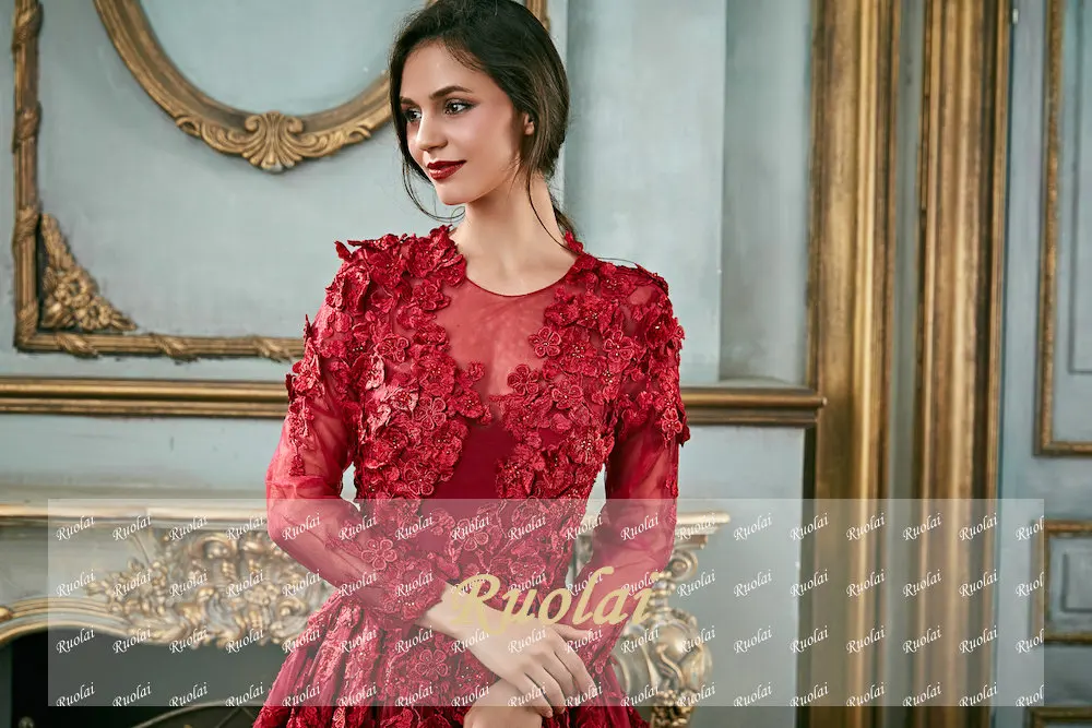 Red Muslim Evening Dress Long 3D Appliques Long Sleeves Ball Gown Arabic Evening Gown for Women Evening Dress