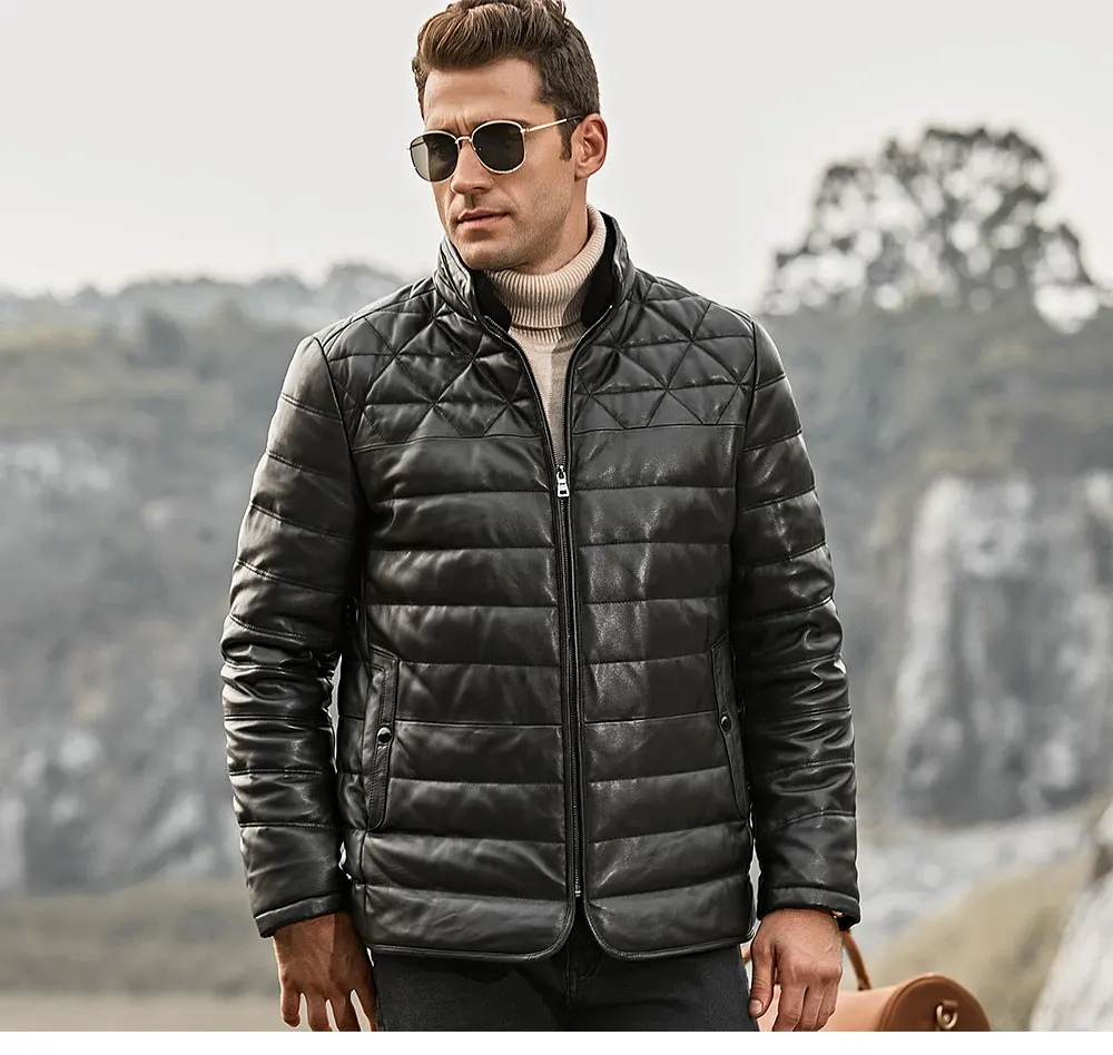 FLAVOR Men's Real Leather Down Jacket Men Genuine Lambskin Winter Warm Leather Coat with Removable Sheep Fur Collar