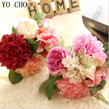

YO CHO DIY Hydrangea Dahlia Fern Wedding Bouquet Artficial Flowers Silk Orchid Pompon Roses Leaves Party Decor Home Decoration