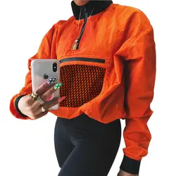 Осень 2018 г. модная Толстовка для женщин с длинным рукавом лоскутное пуловер с косой молнией укороченная повседневное свободные оранжевый