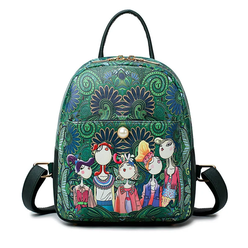 2018 NEW Green Forest Cartoon Print Women Classic Mini Backpack Fashion Shoulder School Bags for Girls Mochila Small Travel Bags cartoon print drop shoulder hoodie