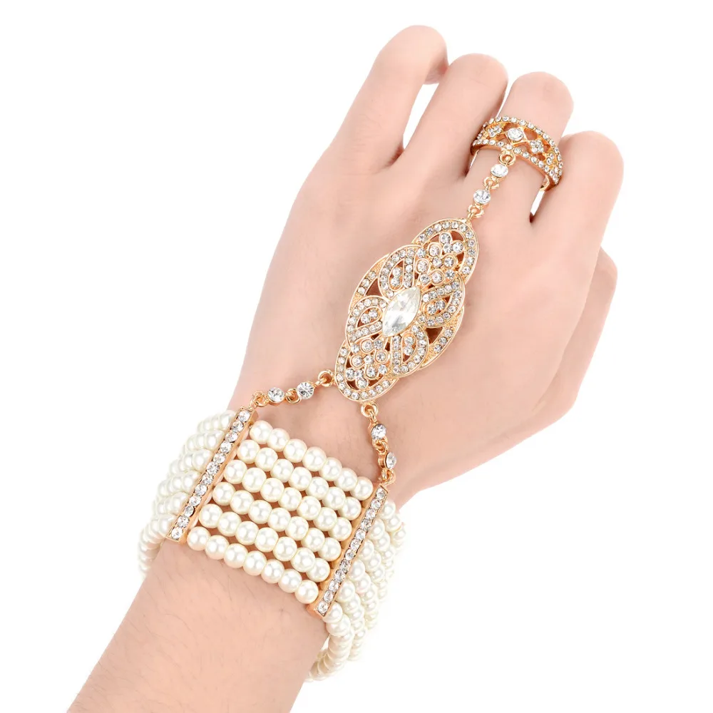 

Vintage Simulated Pearl Bracelet Ring Set Stretchy Great Gatsby Inspired Women 1920s Retro Accessories for Wedding Party