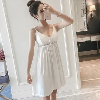 

New Sleepwear Women Short Nightgown Spaghetti Strap Nightwear hollowed-out Lace Sleepshirts Embroidered Nightdress