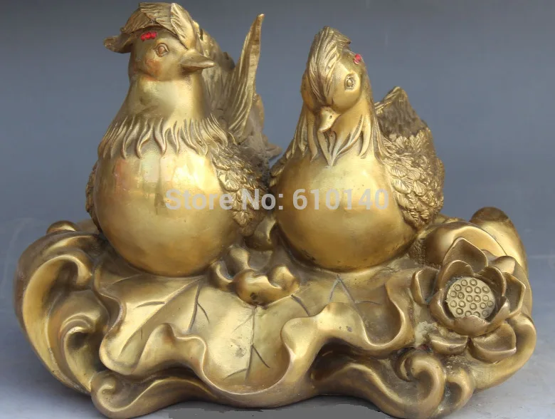 

11" Chinese Bronze Fengshui Folk Animal Lotus Flower Mandarin Duck Lovers Statue