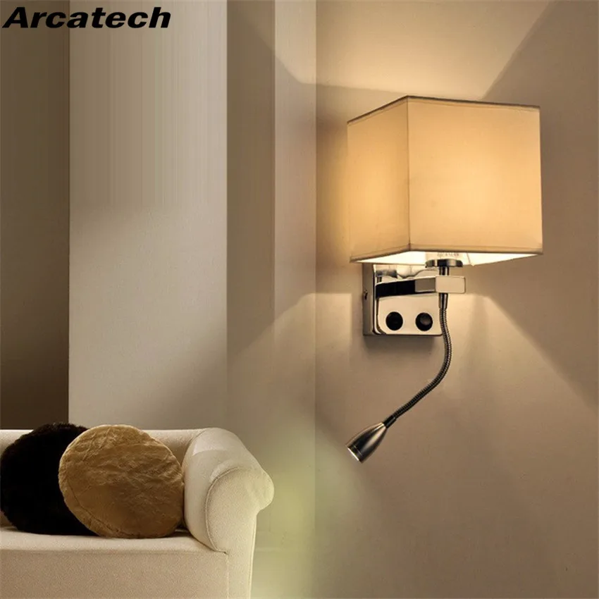 LED Fabric Bedside Wall Lamp With Switch and Flexible Reading Light