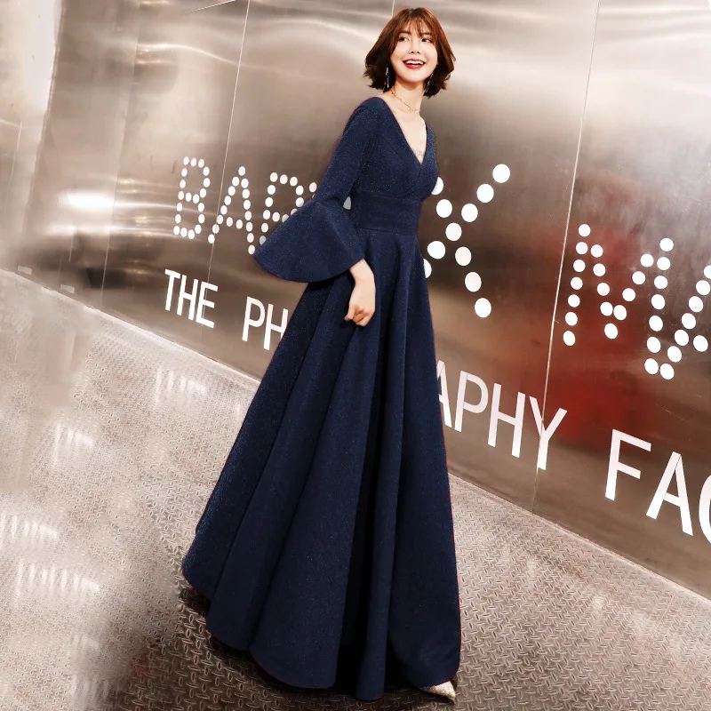 Bell sleeve Chinese Oriental Wedding Female Burgundy Cheongsam Vintage Evening Dress Elegant Celebrity Banquet Dresses Plus Size - Цвет: navy blue A