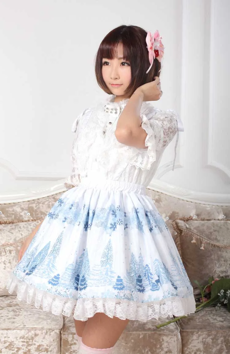 Милая светло-голубая плиссированная кружевная юбка в стиле Лолиты с принтом снежного леса для леди
