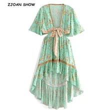 Новинка, бирюзовое платье с бантом и поясом, женское платье в этническом стиле, глубокий v-образный вырез, цветочный принт, короткий рукав, платье с ласточкиным хвостом
