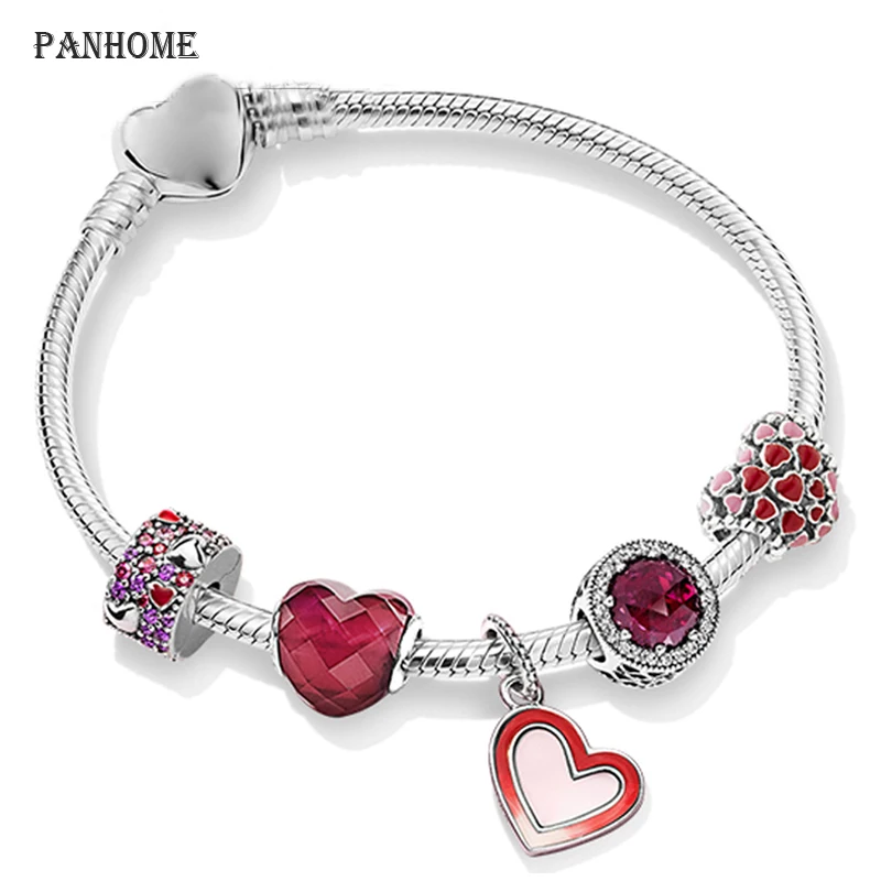 

PANHOME 100% 925 Sterling Silver Romantic Valentine's Day Eternal Love Heart Shape Beaded Charm Bracelet Fine Gift Set ZT0248