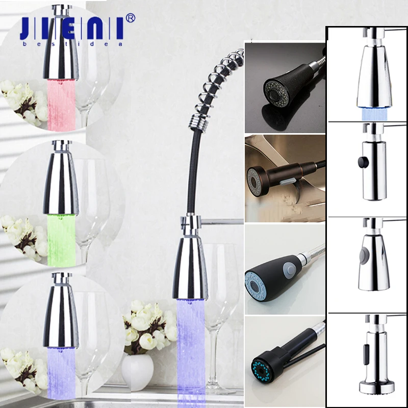 

JIENI Chrome Polish Nickel Brush Spray for Kitchen Faucet Black ABS LED Colors Light Changing Water Nozzle Glow Stream Sprayer