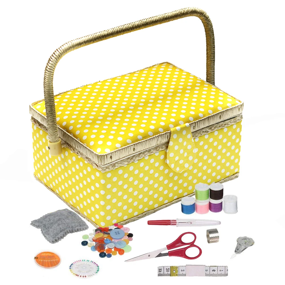 

Home Vintage Sewing Basket with Sewing Kits Needles Tools Quilting Thread Stitching Embroidery Craft Sewing Box Organizer