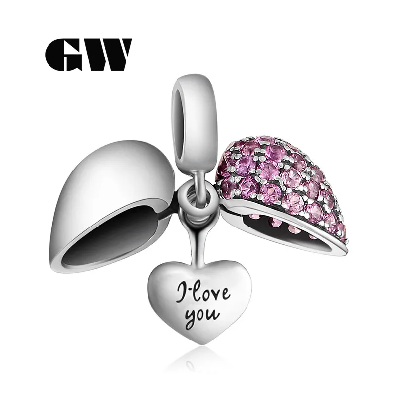 Letter I Love You Silver Heart Charms With Purple Stone Genuine Silver 925 Fit Diy Chain