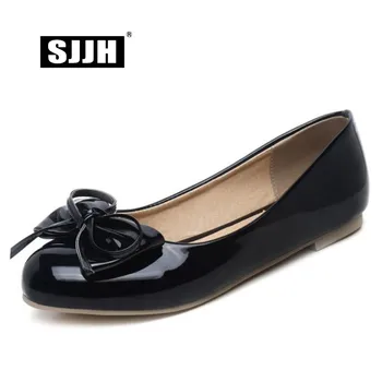 

SJJH Woman Bowtie Ballet Flats with Round Toe Patent Leather Comfort Footwear Casual Fashion Boat Shoes Large Size A026