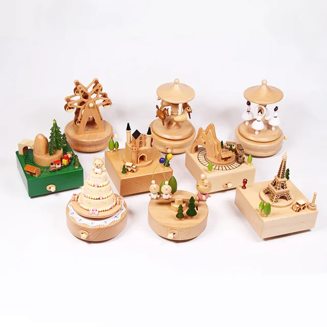 Wooden Artware Solid Wood Music Box Classical Rotating Spring Building