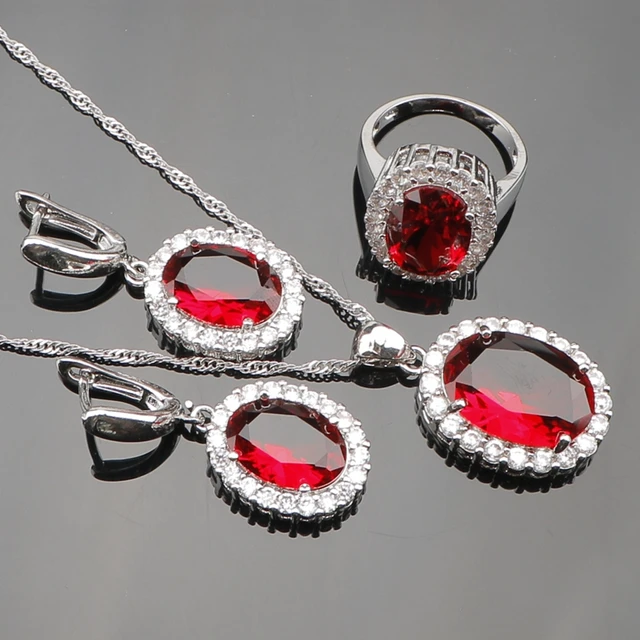 Buy 925 Sterling Silver Red Cubic Zirconia Jewelry Sets For Women Silver