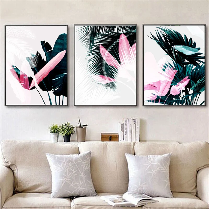 

Europe Fashion Green Leaf Pink Feather Canvas Paintings Printing Wall Art Pictures Poster For Living Room Home Decor