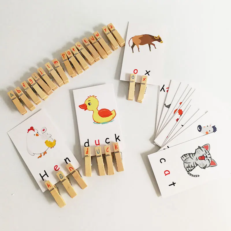 Cartão de Palavras de Aprendizagem Montessori de Material Brinquedos de Madeira para Crianças Clips Conjunto Montessori Educacionais Juguetes Língua E2464h 5 Toys & Sports