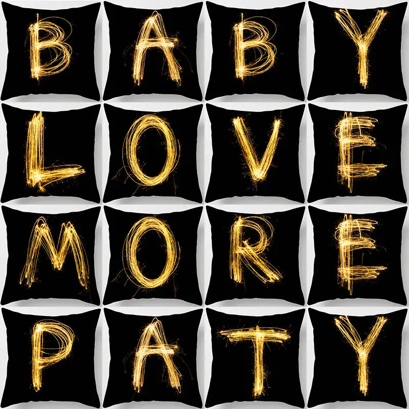 

1 Piece 44*44cm Black and Golden Print Letter Pillow Cover Fashion Glitter Alphabet Pattern High Quality Throw Pillows Cover