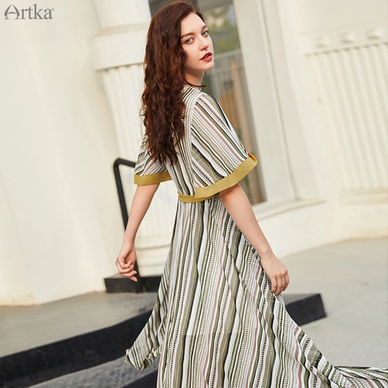 Женское шифоновое платье в полоску ARTKA асимметричное дизайнерское с v образным