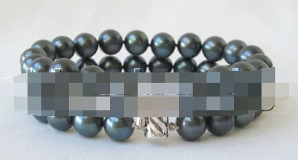 

001591 AAA+ 8"9-10mm natural black round freshwater pearl bracelet-14KGP/20