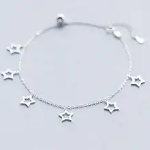 Модные подлинные 925 стерлингов Серебряные ювелирные изделия полированная Бусины мяч и полые звезда ножной браслет 23 см-26.5 см S352