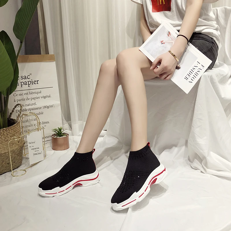 

Crystal Knitting Sneakers women 2019 Spring summer walking wedges Casual shoes high heels tenis feminino new espadrilles