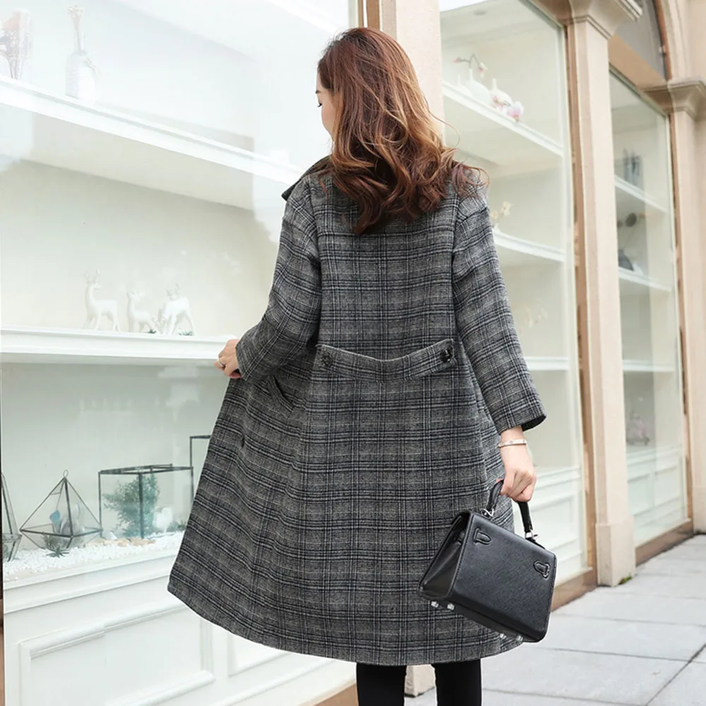 Винтажное клетчатое шерстяное пальто для женщин зима модная теплая свободная флисовая верхняя одежда корейское уличное повседневное пальто для женщин