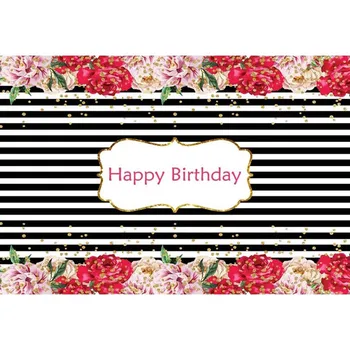 

Black White Stripes Birthday Baby Flowers Photography Backgrounds Customized Photographic Backdrops For Photo Studio